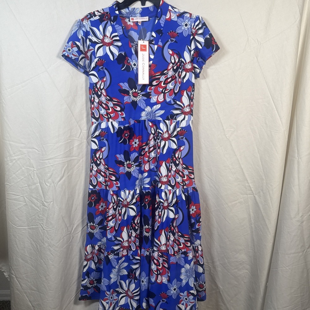 Jude Connally Size XS Blue Floral Peacock Tiered Dress Short Sleeve V-Neck NWT‎